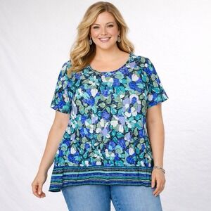 NWT 3x Plus Size Women's Floral Striped Border Flutter Sleeve Tee Ruby Rd Beaded